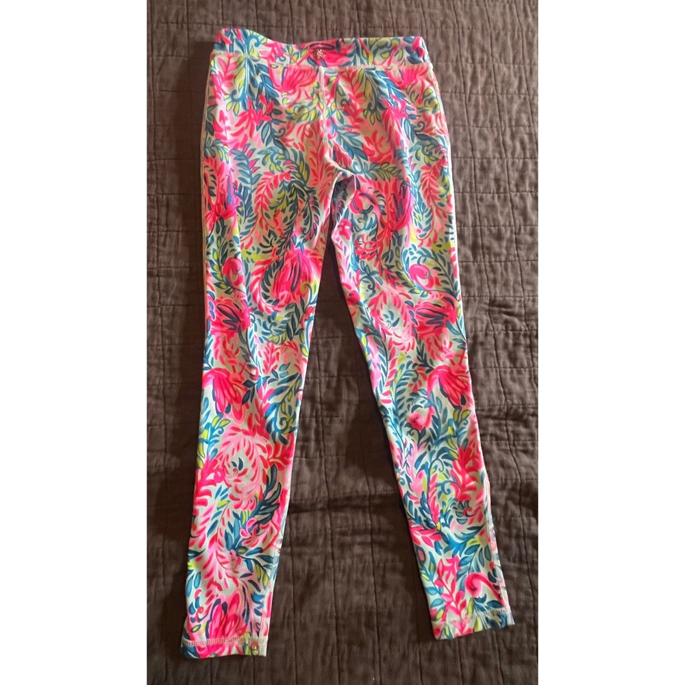 Lilly Pulitzer Girls Pink Blue Flamingo Floral Active Leggings Size L 8/10